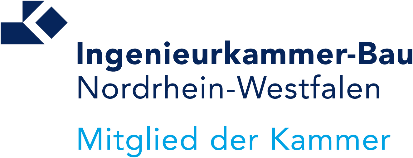 Logo der Ingenieurkammer-Bau Nordrhein-Westfalen mit Zusatz energieberatung und Mitglied der Kammer in Hellblau.